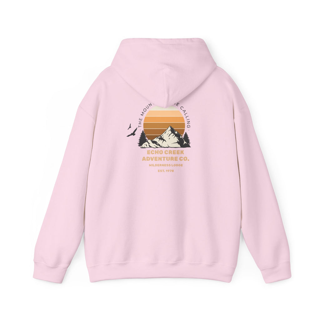 Adventure Hoodie – Echo Creek Wildlife & Mountain Sunset Graphic