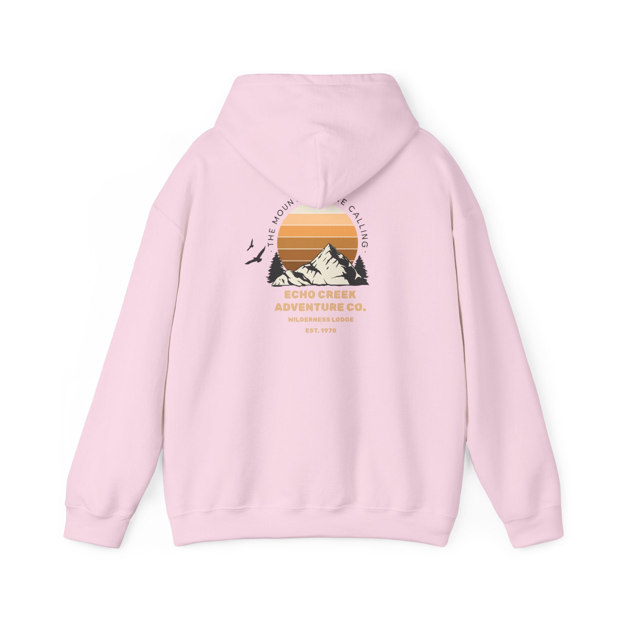 Adventure Hoodie – Echo Creek Wildlife & Mountain Sunset Graphic