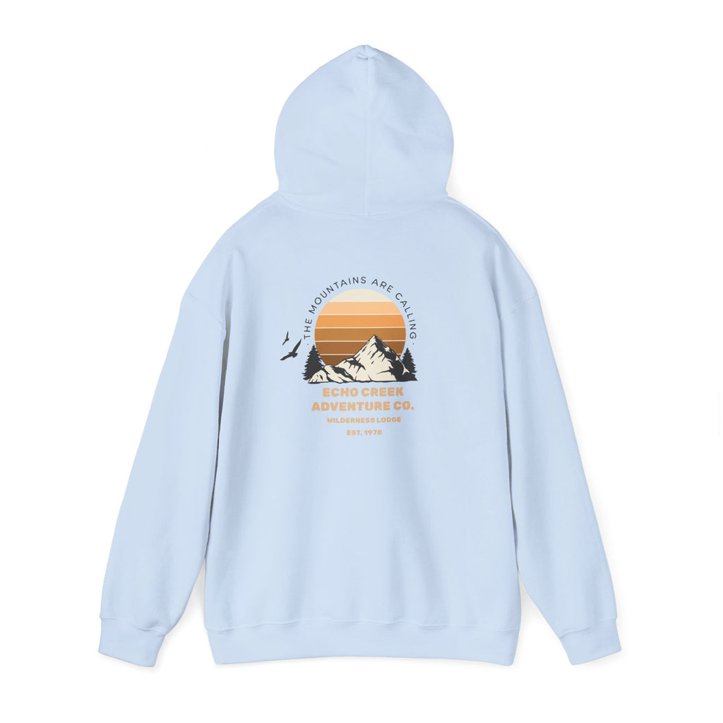 Adventure Hoodie – Echo Creek Wildlife & Mountain Sunset Graphic