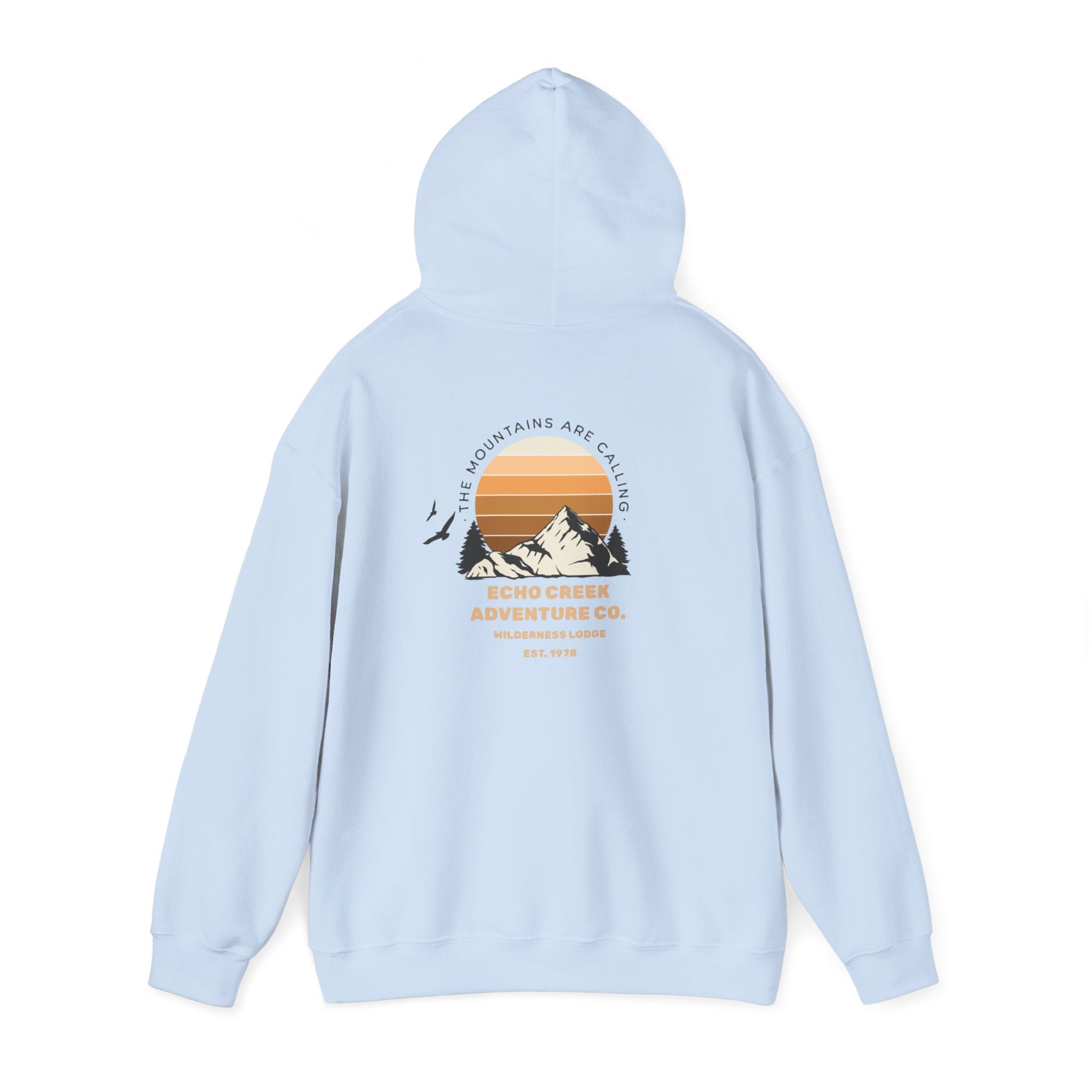 Adventure Hoodie – Echo Creek Wildlife & Mountain Sunset Graphic