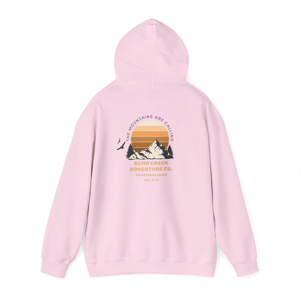 Adventure Hoodie – Echo Creek Wildlife & Mountain Sunset Graphic