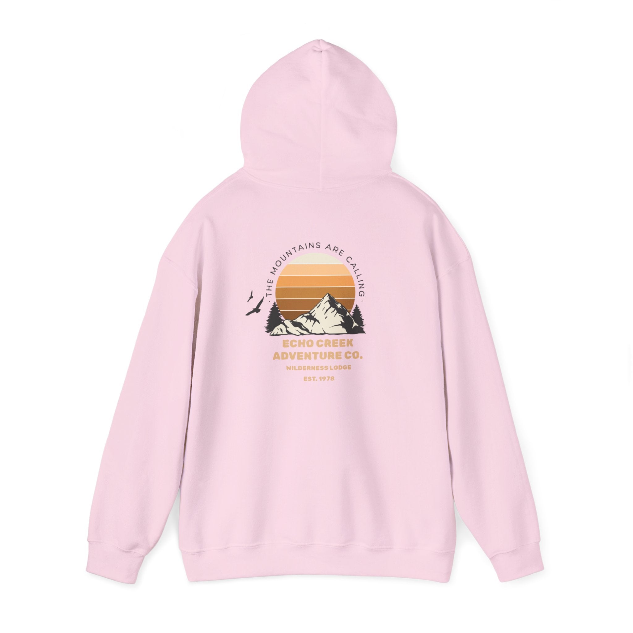 Adventure Hoodie – Echo Creek Wildlife & Mountain Sunset Graphic