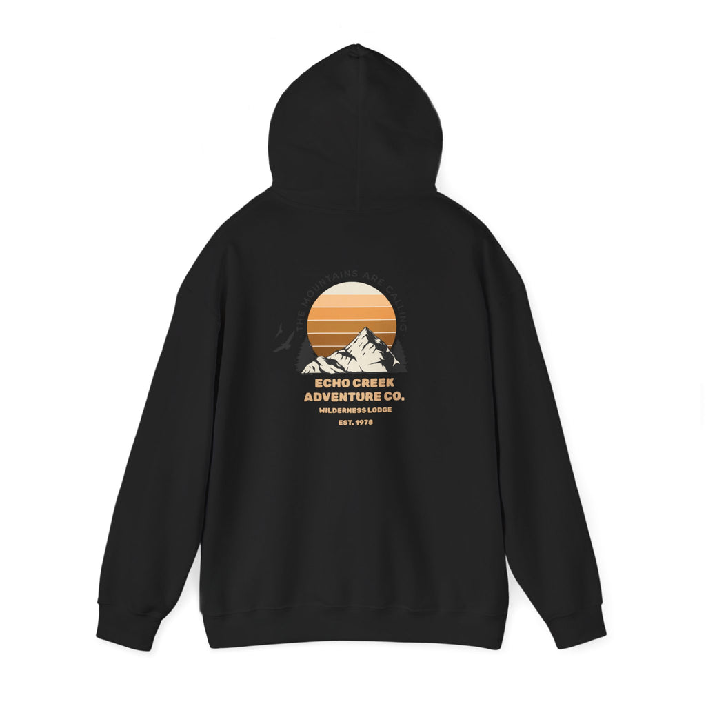 Adventure Hoodie – Echo Creek Wildlife & Mountain Sunset Graphic