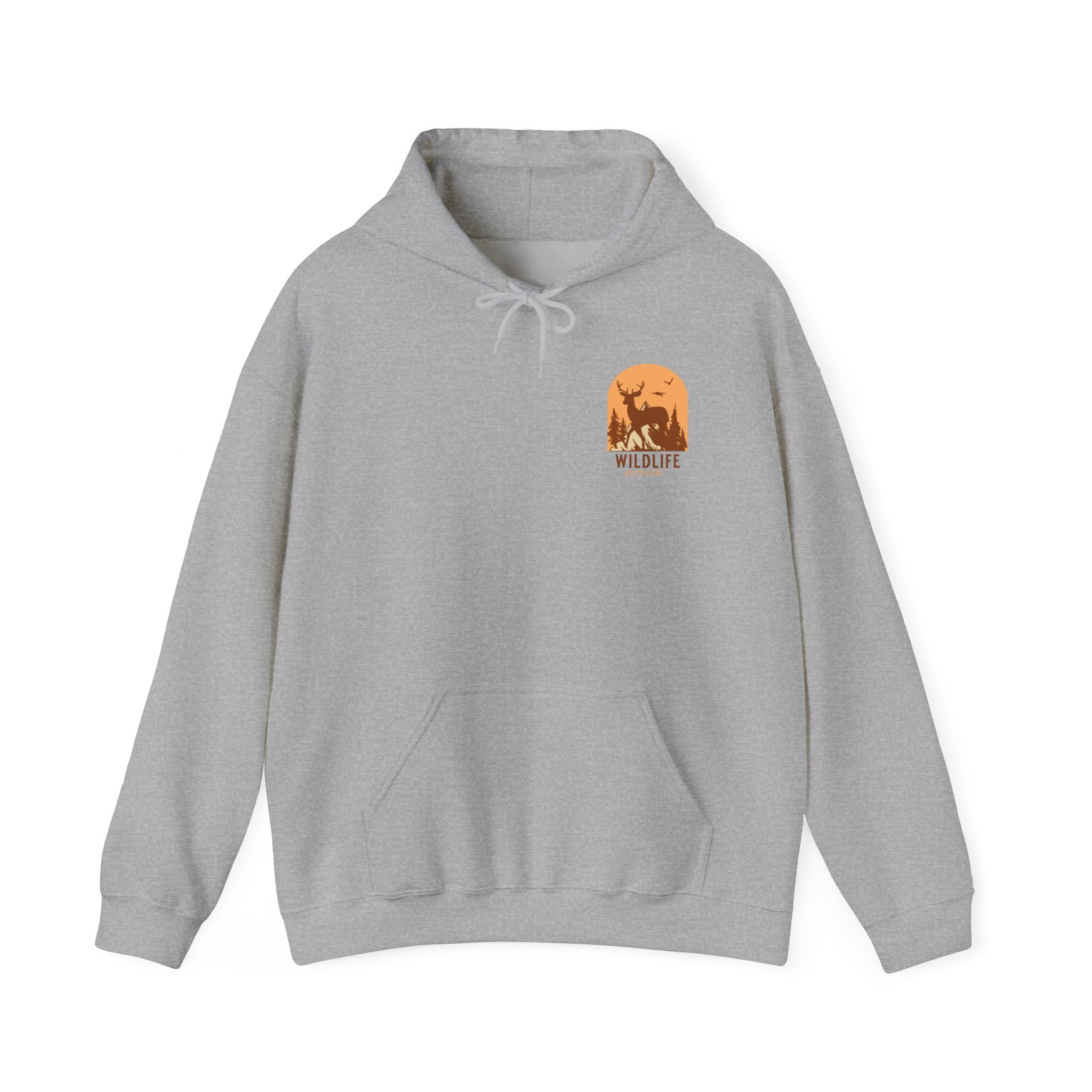 Adventure Hoodie – Echo Creek Wildlife & Mountain Sunset Graphic