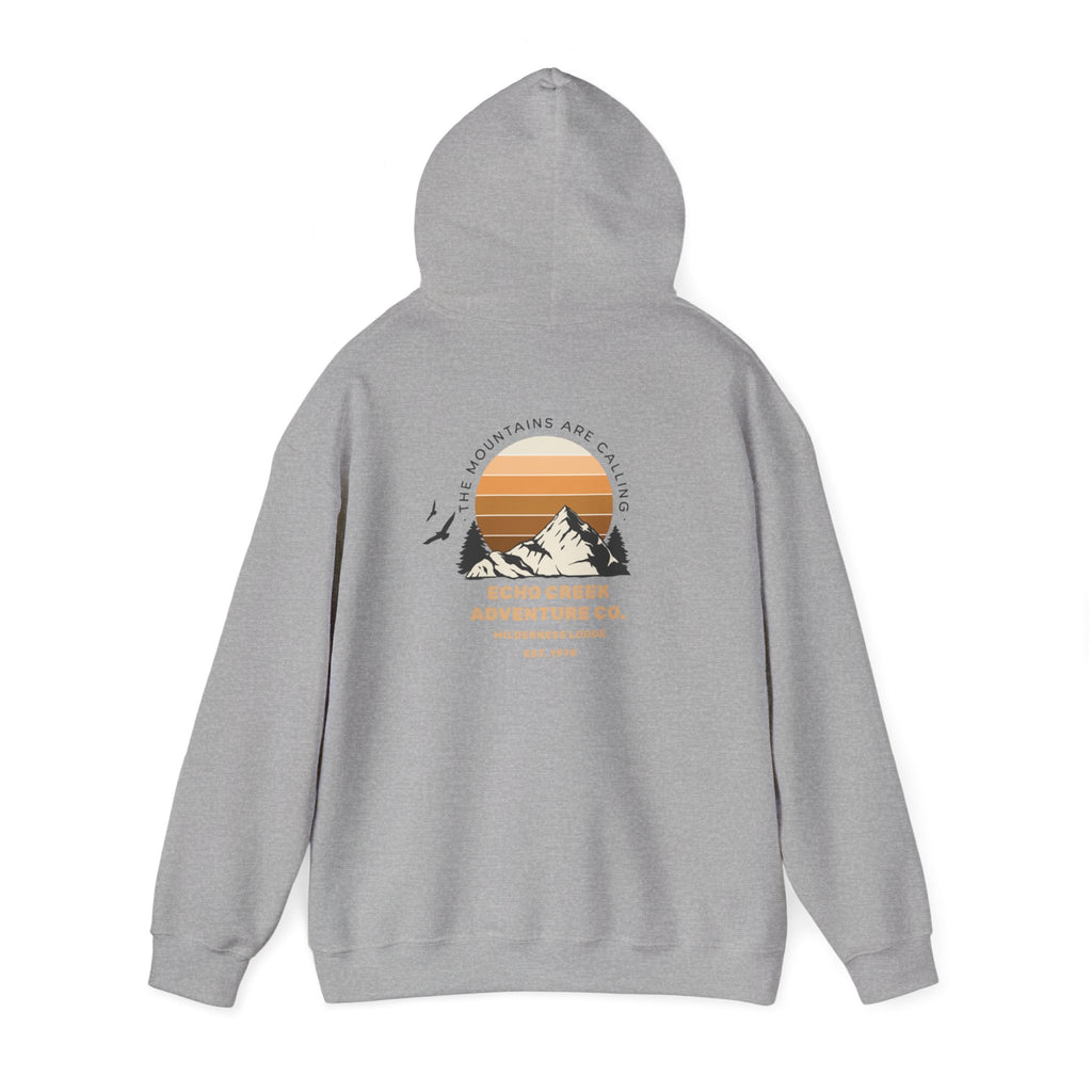 Adventure Hoodie – Echo Creek Wildlife & Mountain Sunset Graphic