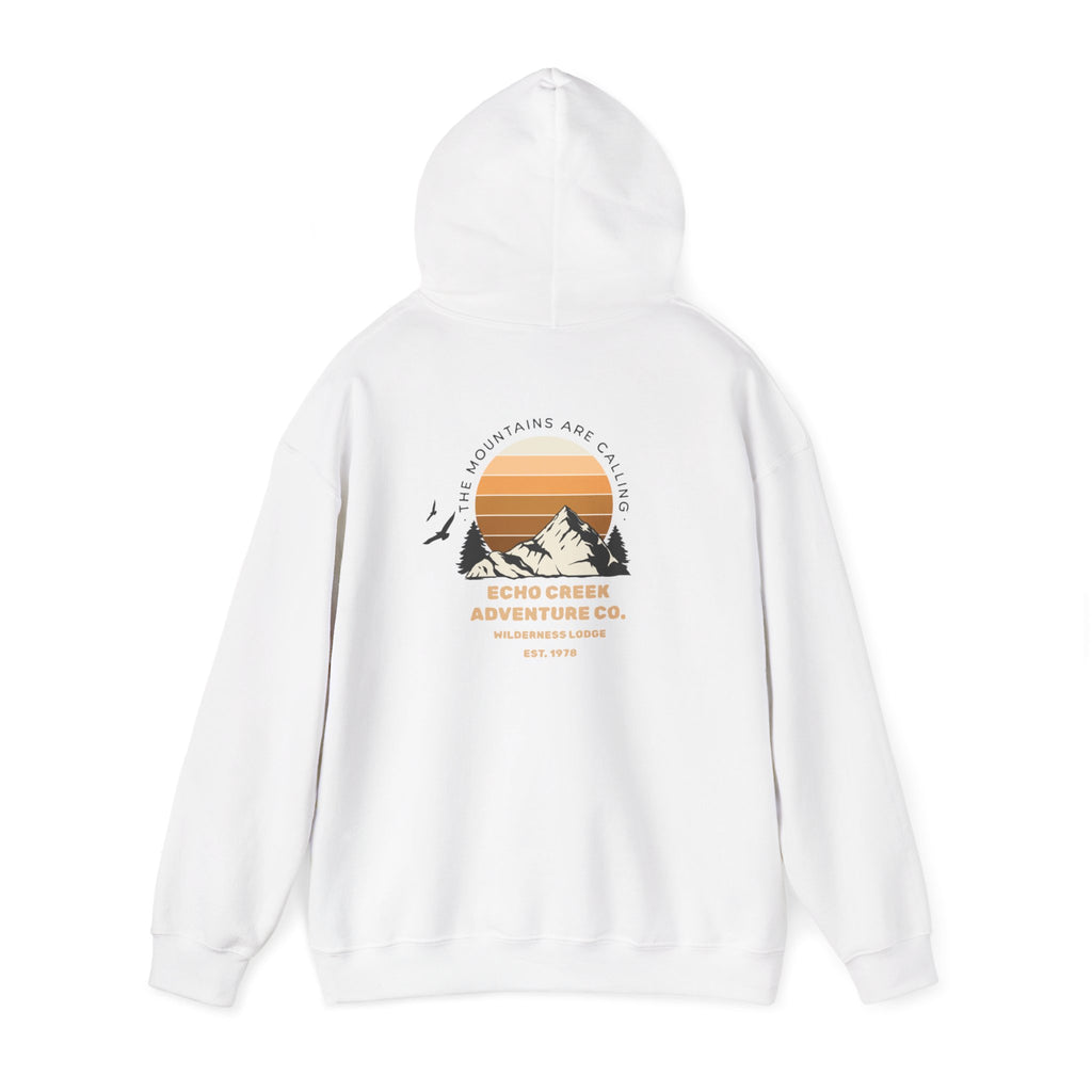 Adventure Hoodie – Echo Creek Wildlife & Mountain Sunset Graphic