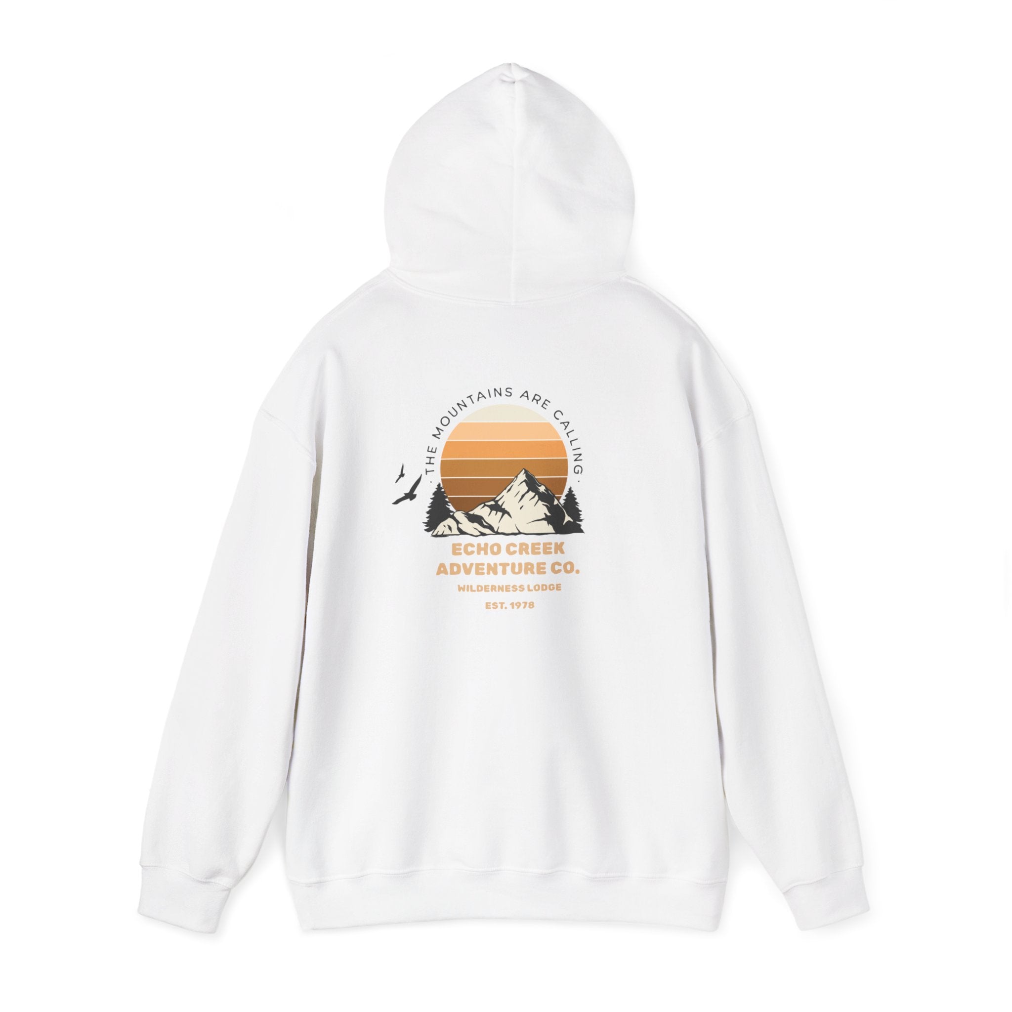 Adventure Hoodie – Echo Creek Wildlife & Mountain Sunset Graphic