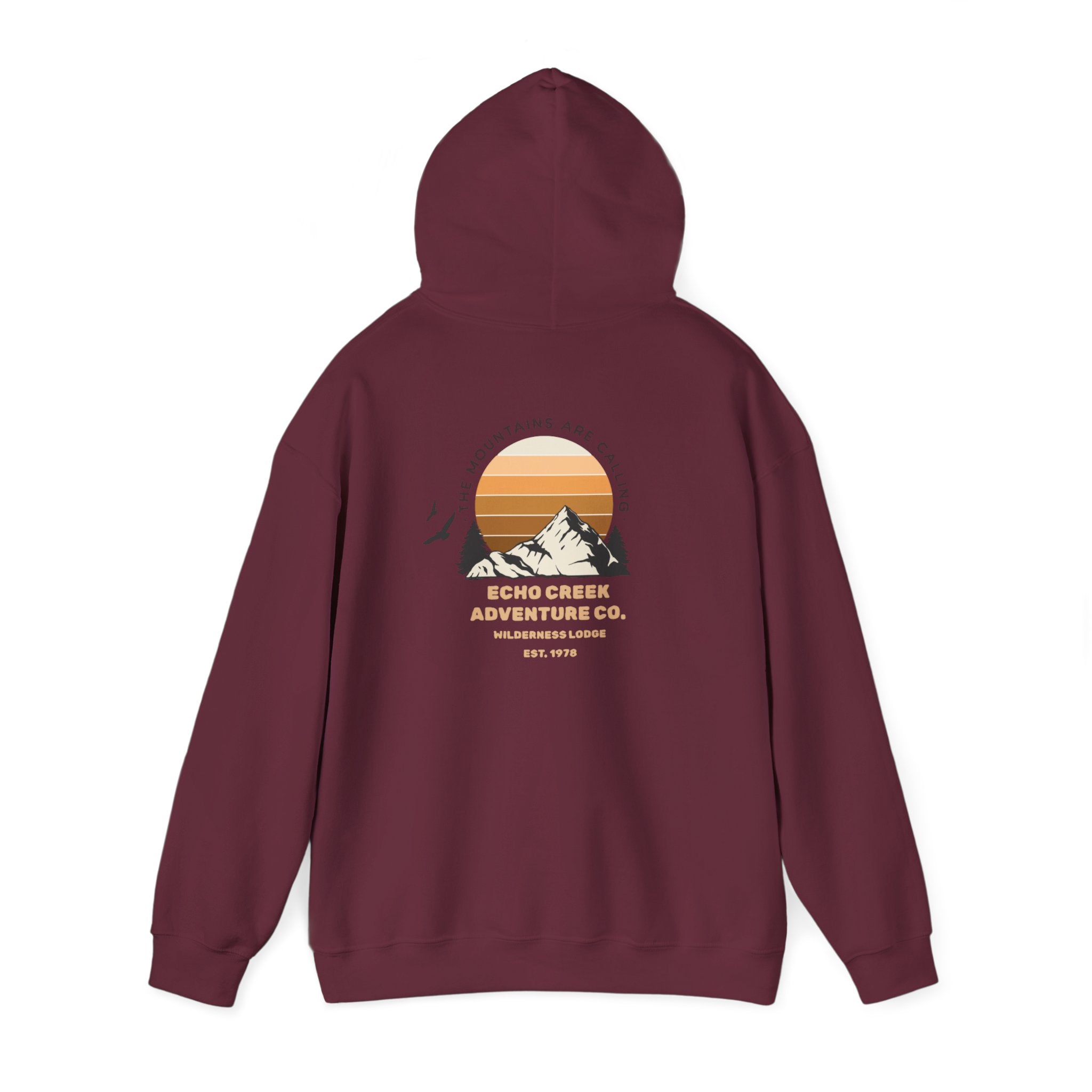 Adventure Hoodie – Echo Creek Wildlife & Mountain Sunset Graphic