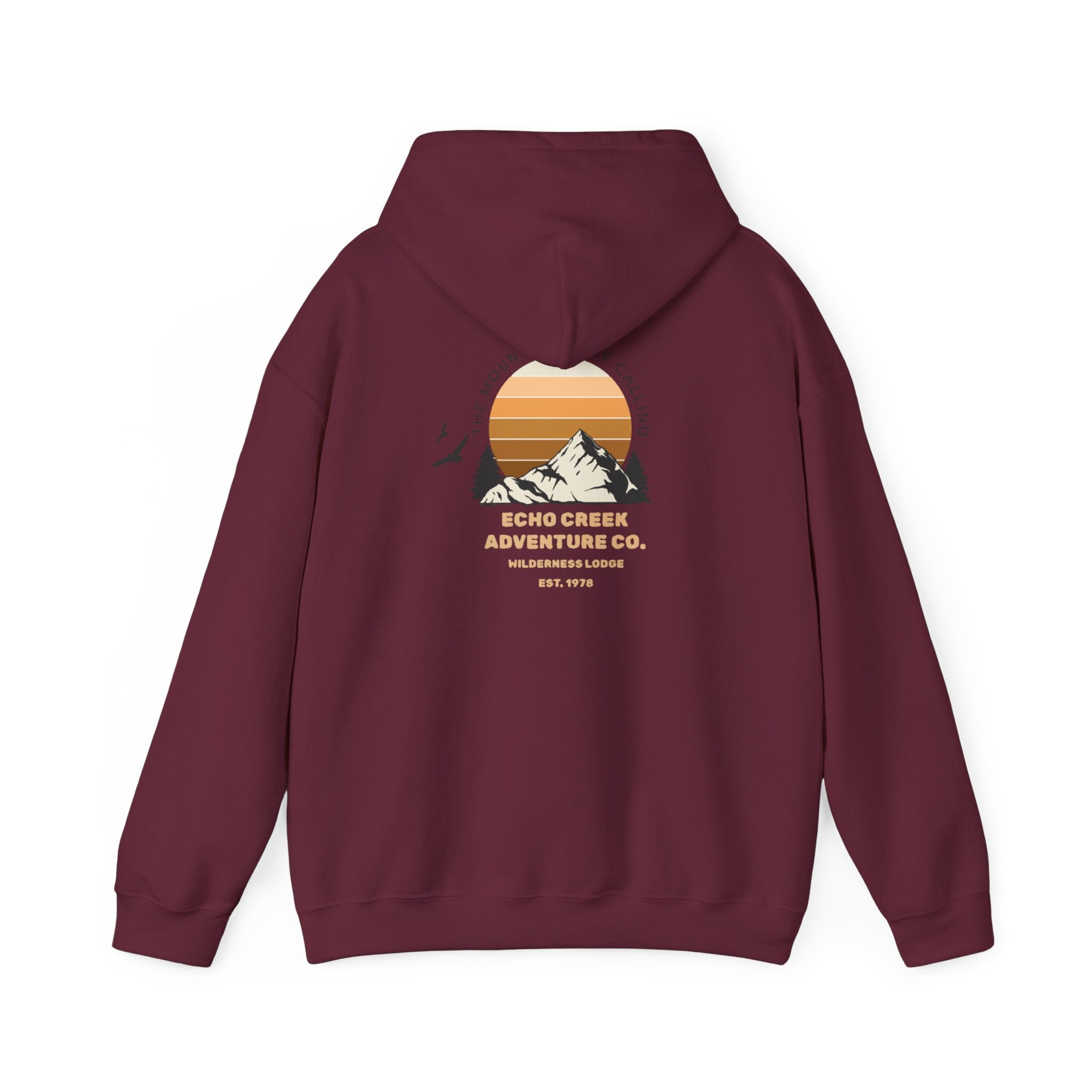 Adventure Hoodie – Echo Creek Wildlife & Mountain Sunset Graphic