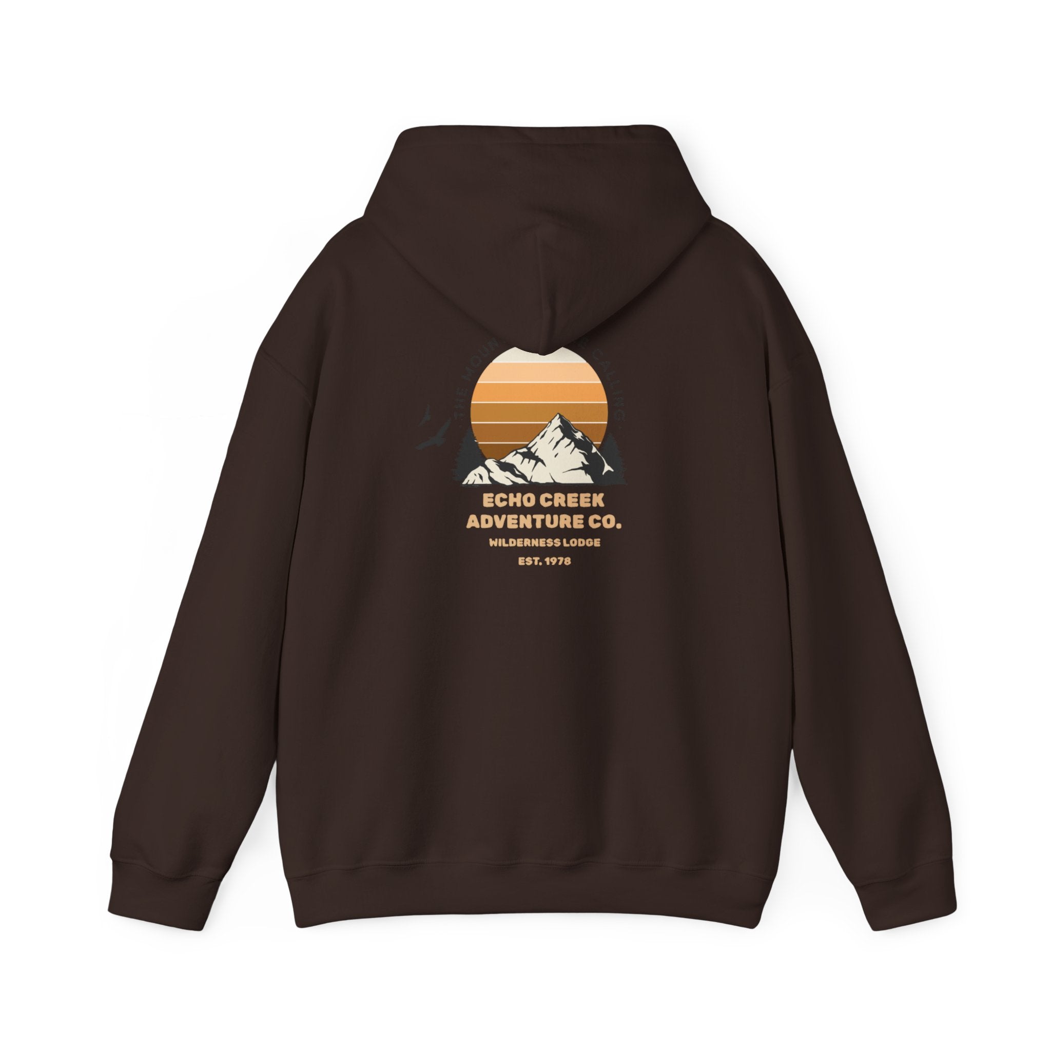 Adventure Hoodie – Echo Creek Wildlife & Mountain Sunset Graphic
