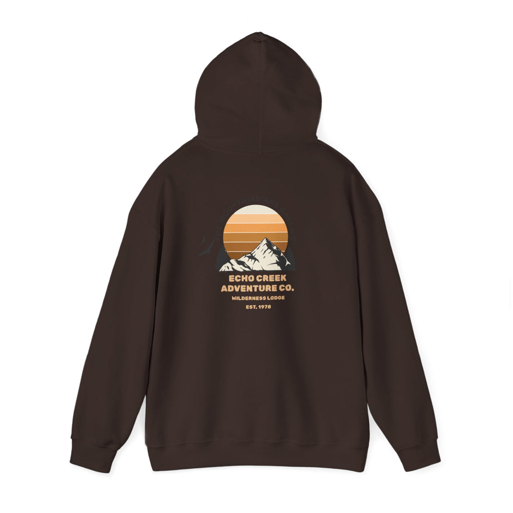 Adventure Hoodie – Echo Creek Wildlife & Mountain Sunset Graphic