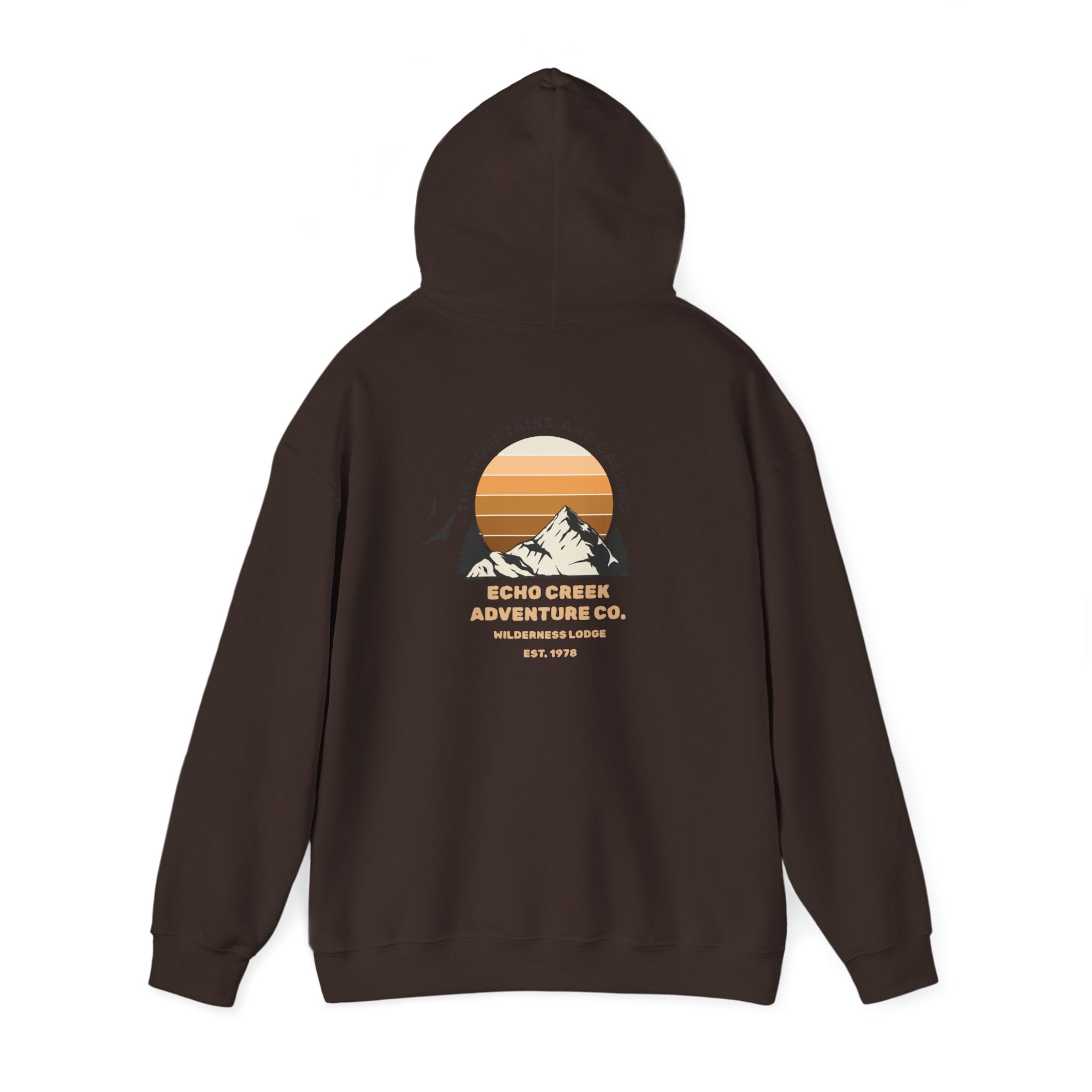 Adventure Hoodie – Echo Creek Wildlife & Mountain Sunset Graphic