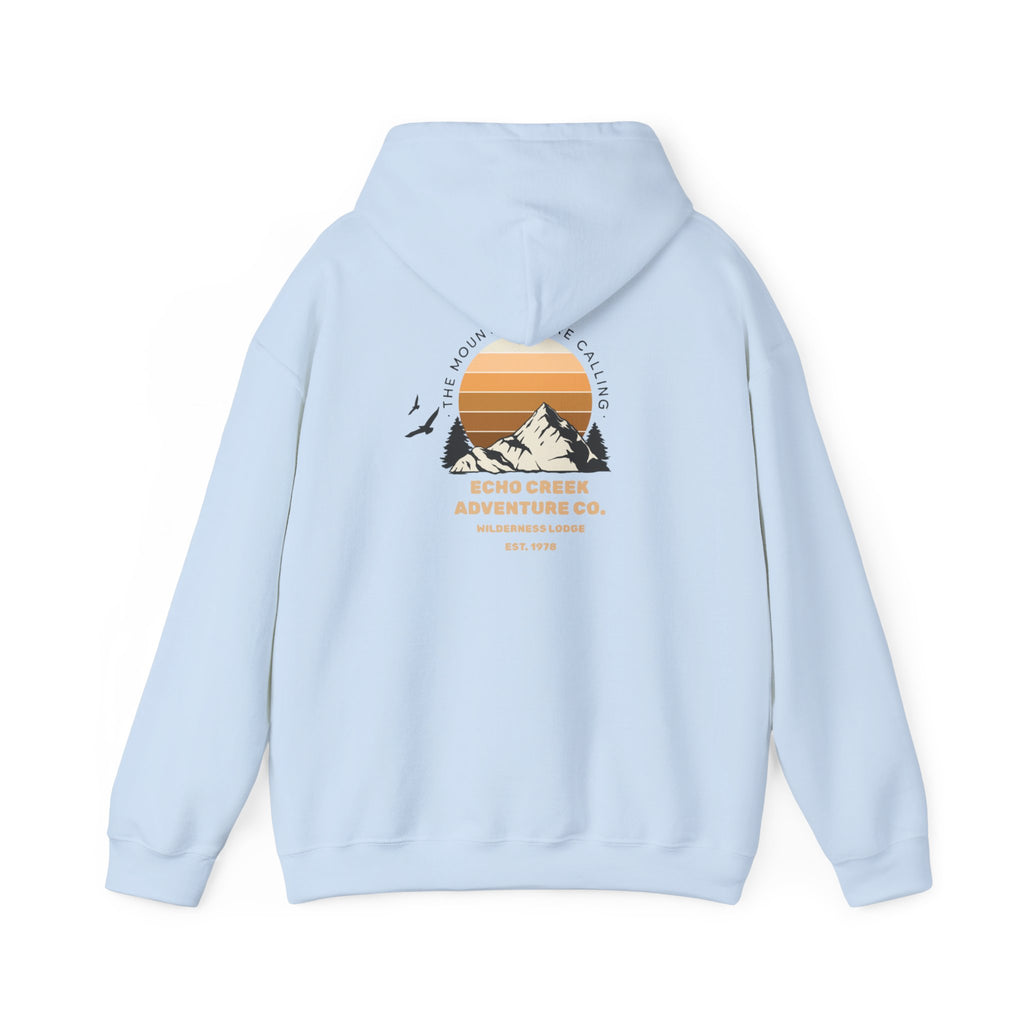 Adventure Hoodie – Echo Creek Wildlife & Mountain Sunset Graphic