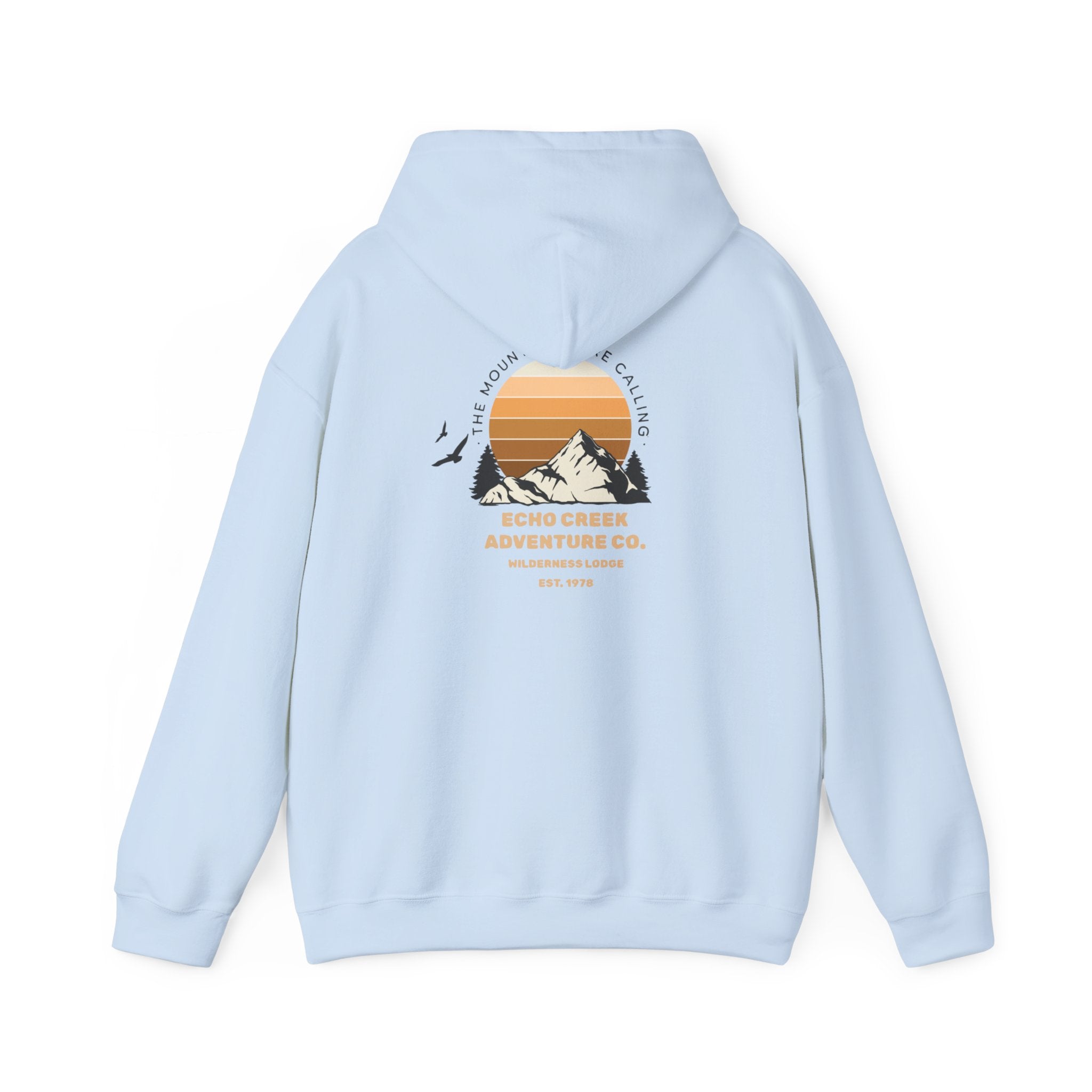 Adventure Hoodie – Echo Creek Wildlife & Mountain Sunset Graphic