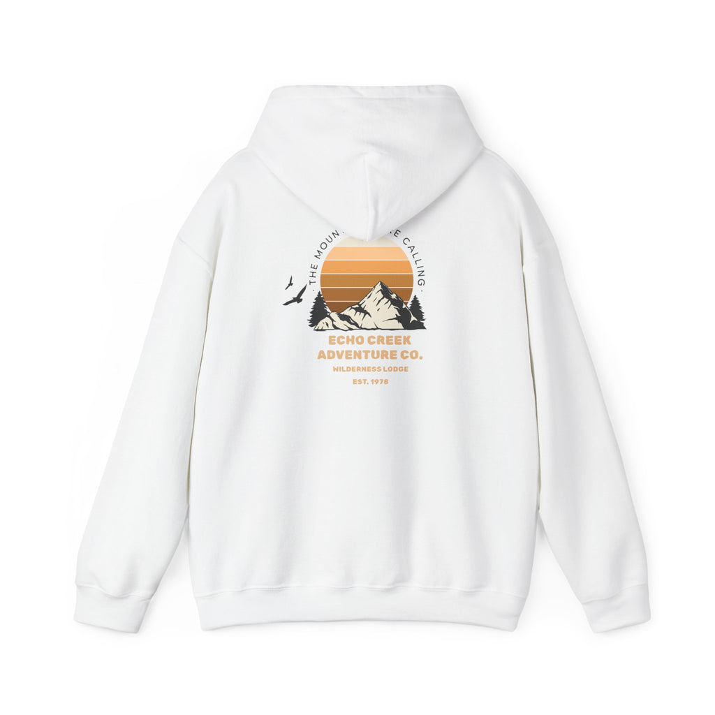 Adventure Hoodie – Echo Creek Wildlife & Mountain Sunset Graphic