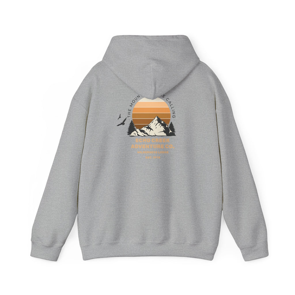 Adventure Hoodie – Echo Creek Wildlife & Mountain Sunset Graphic