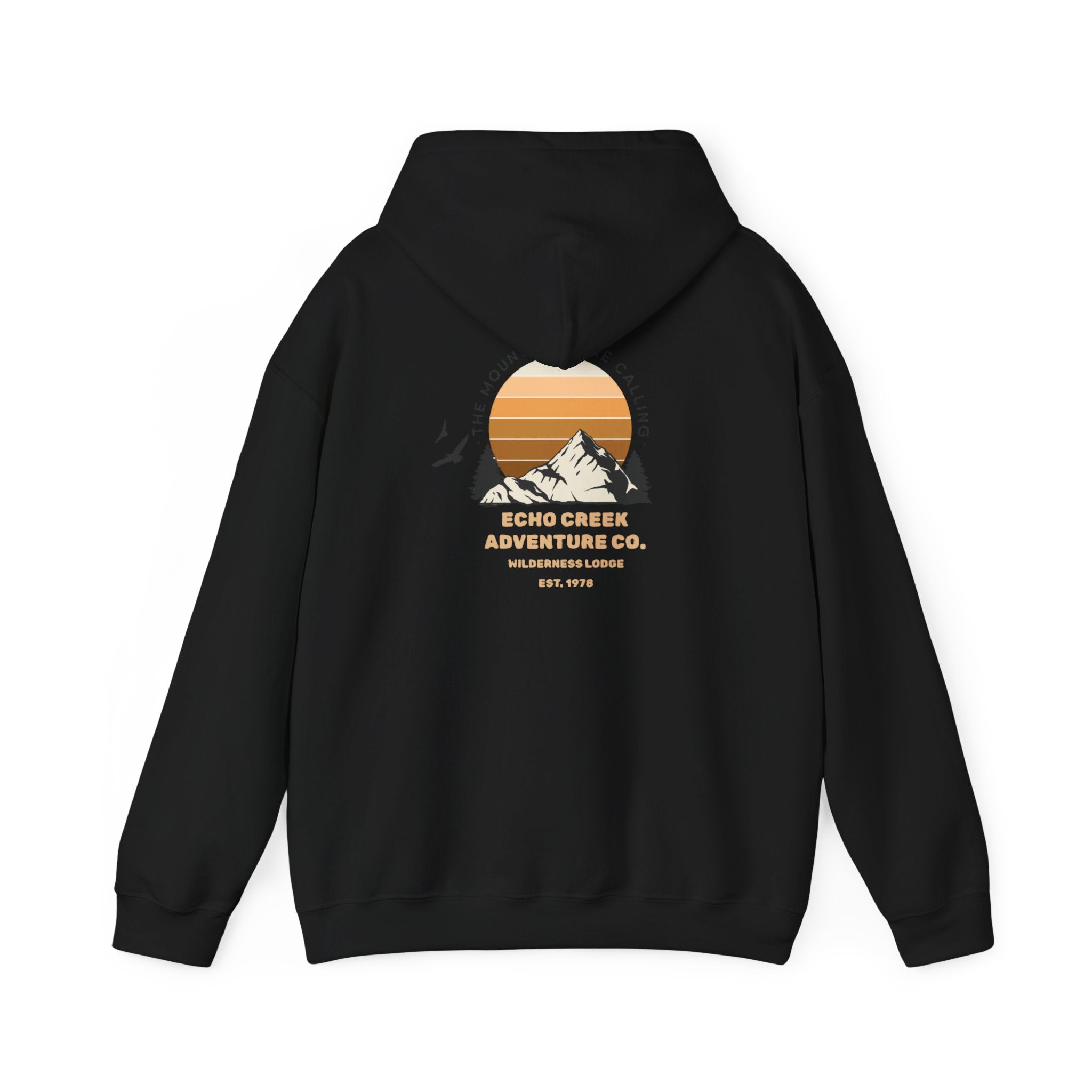 Adventure Hoodie – Echo Creek Wildlife & Mountain Sunset Graphic