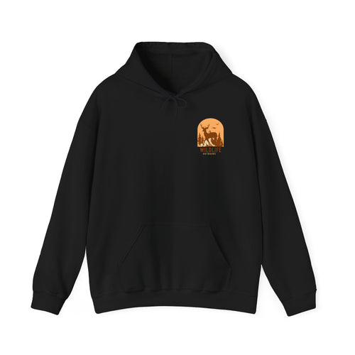Adventure Hoodie – Echo Creek Wildlife & Mountain Sunset Graphic